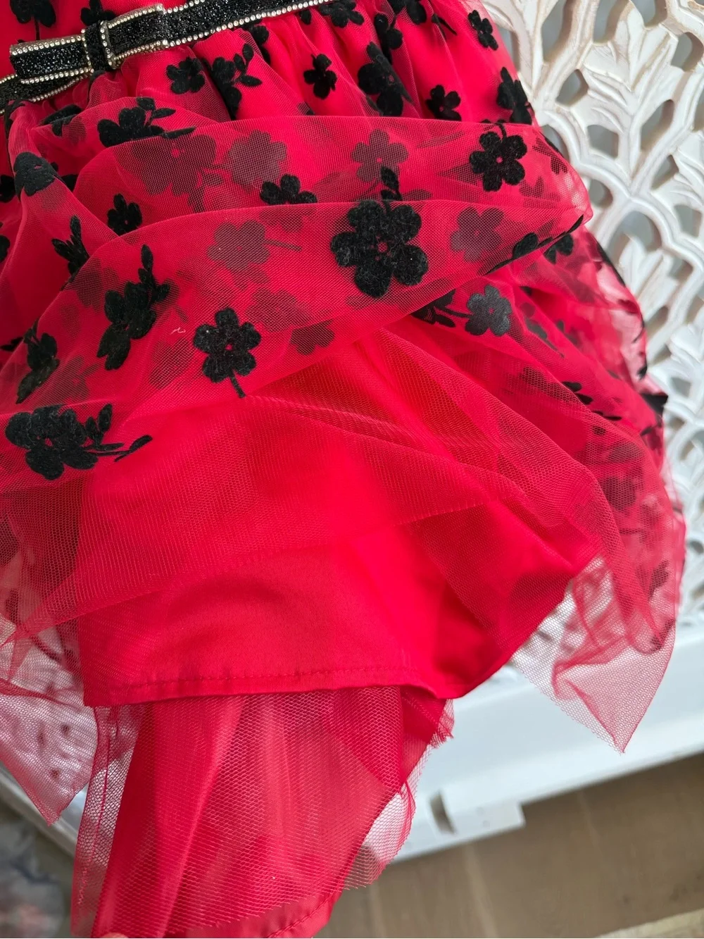 Blueberi Boulevard Red & Black Floral Tulle Party Dress, 7/8